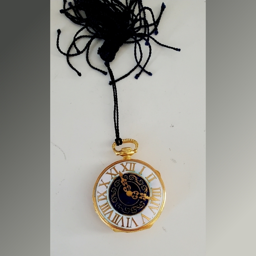 Faux Watch Pill Box Locket Compact Painred Enamel with Tassle Accent Italian